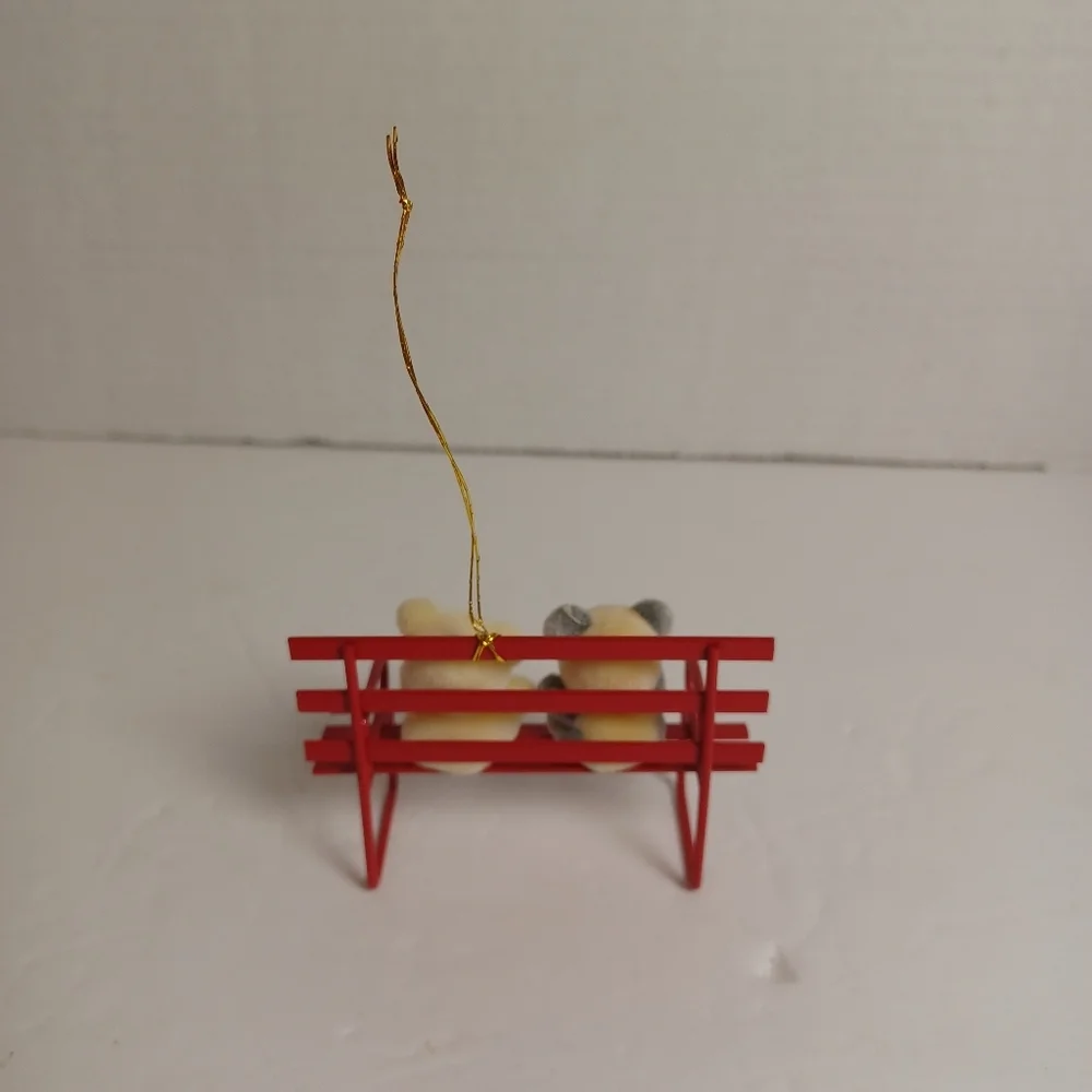 Vintage Flocked Bears on Red Bench‎ Christmas Ornament 3